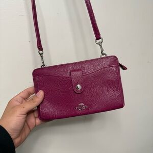 Coach Magenta Pebble Leather Double Zip Crossbody Wallet Bag